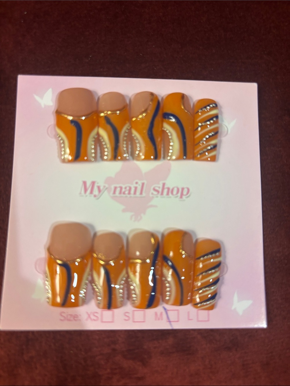 Hand-Painted Orange and Nude Toe Nail Set -